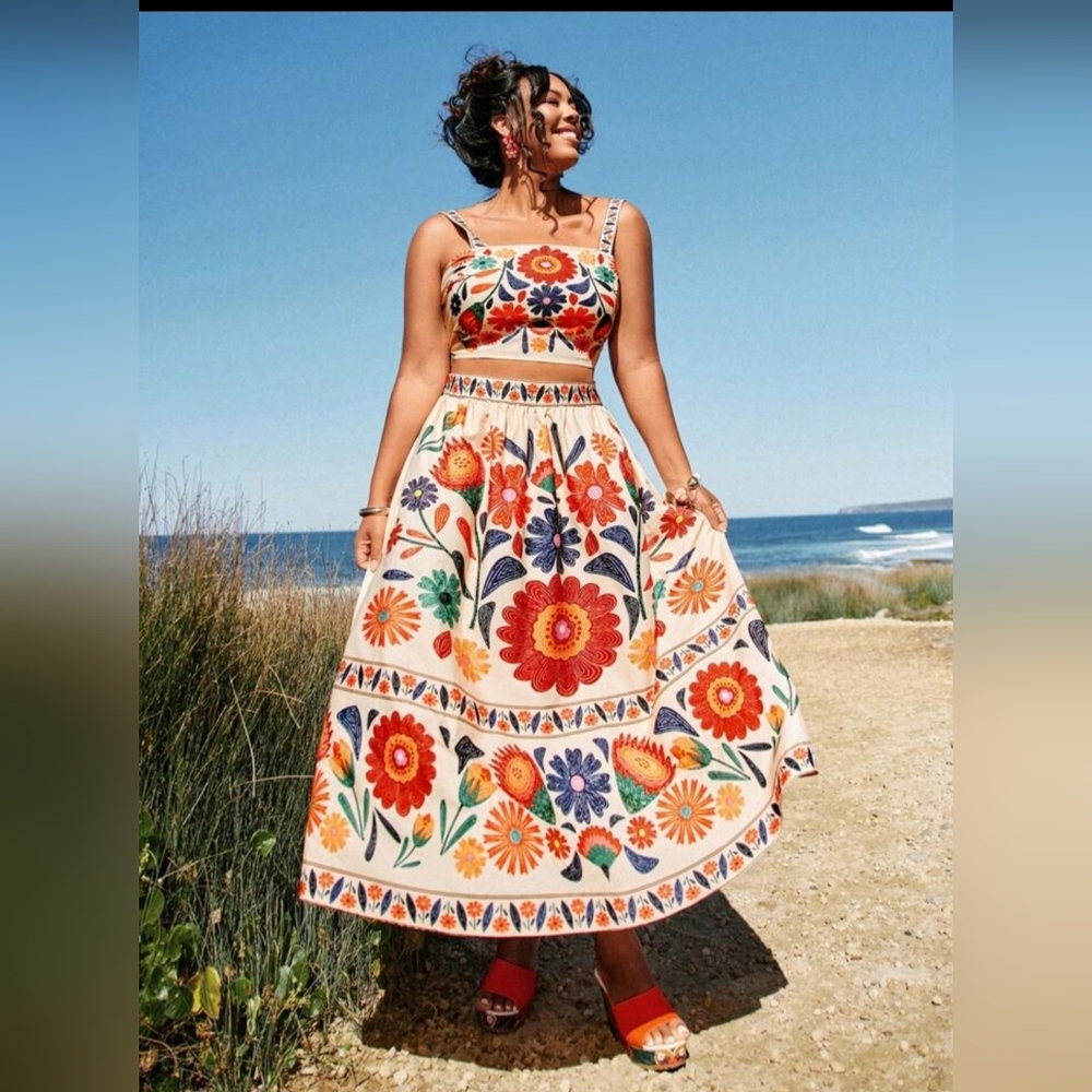 Travachic Plus Size Casual Colorful Floral Print Tank Top & Patterned Midi Skirt